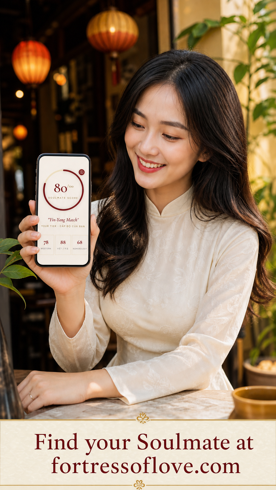 A woman in áo dài discovering her Soulmate Score on Fortress of Love